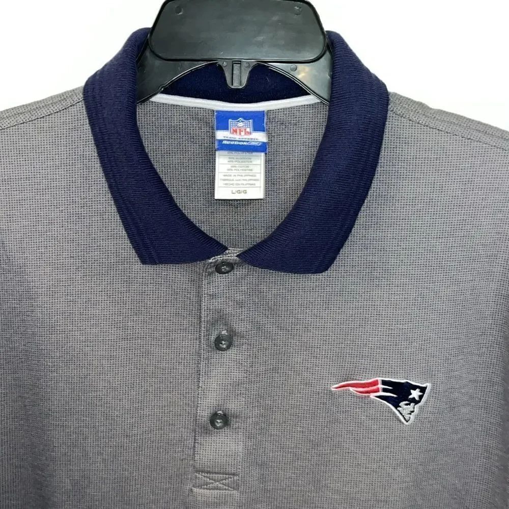 Reebok Gray & Blue NFL shield New England Patriots polo golf shirt L Tailgate